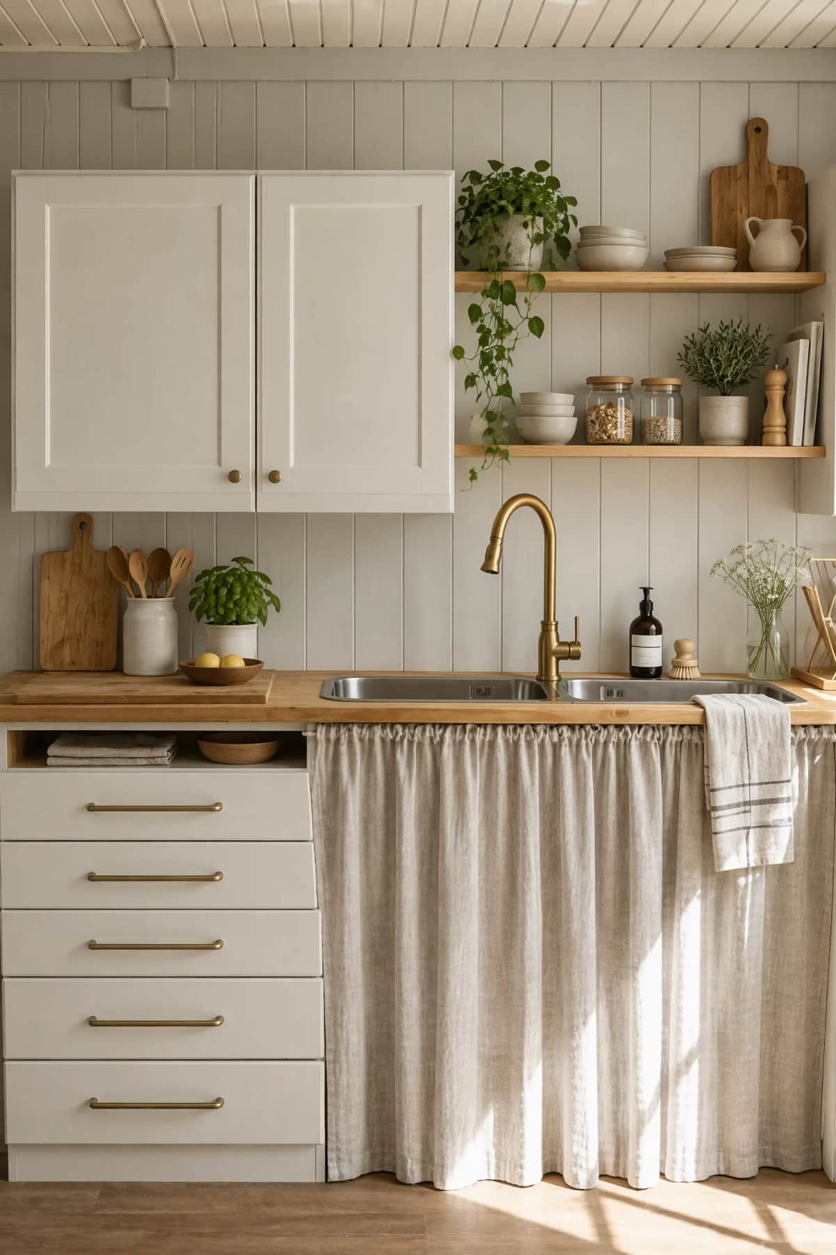 Example — AI-generated redesign: Kitchen photo compared with a Scandinavian-inspired visual restyle — After
