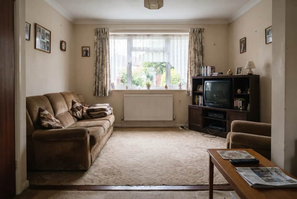 Example — AI-generated redesign: Before-and-after comparison of a living room with different furniture and finishes — Before