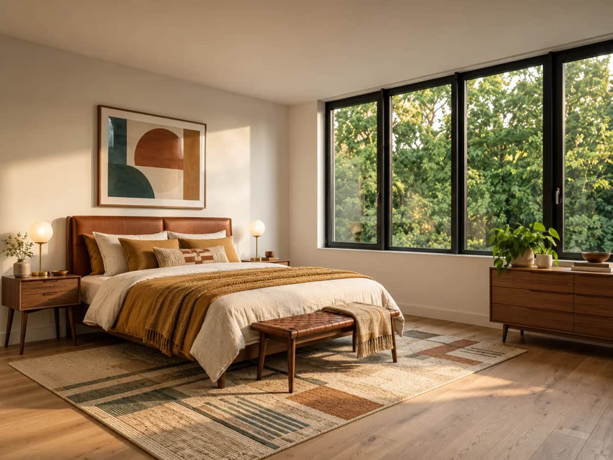 Mid-century restyle of the reference bedroom.