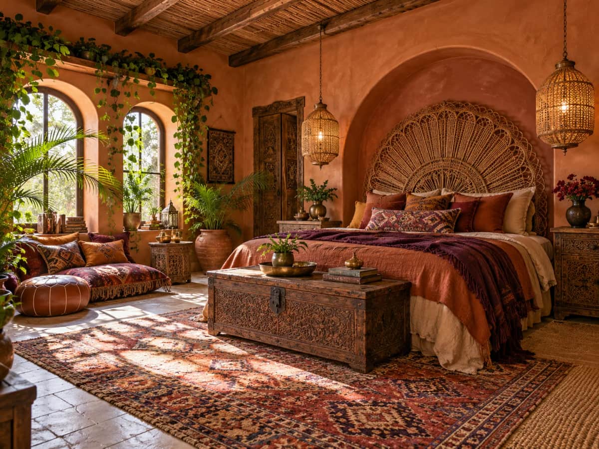 Design study. Bohemian bedroom with terracotta arches, a tall rattan headboard and layered artisan textiles.