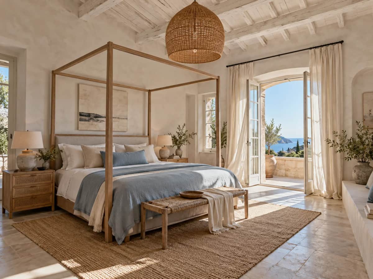 Design study. Coastal bedroom with whitewashed beams, a bleached wood four-poster and open sea-facing doors.