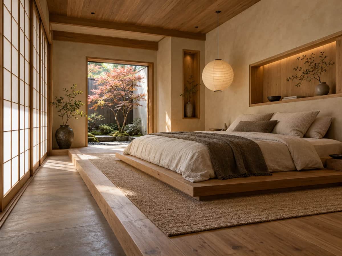 Example bedroom. Japandi bedroom with a low timber platform bed, paper lantern and courtyard view.