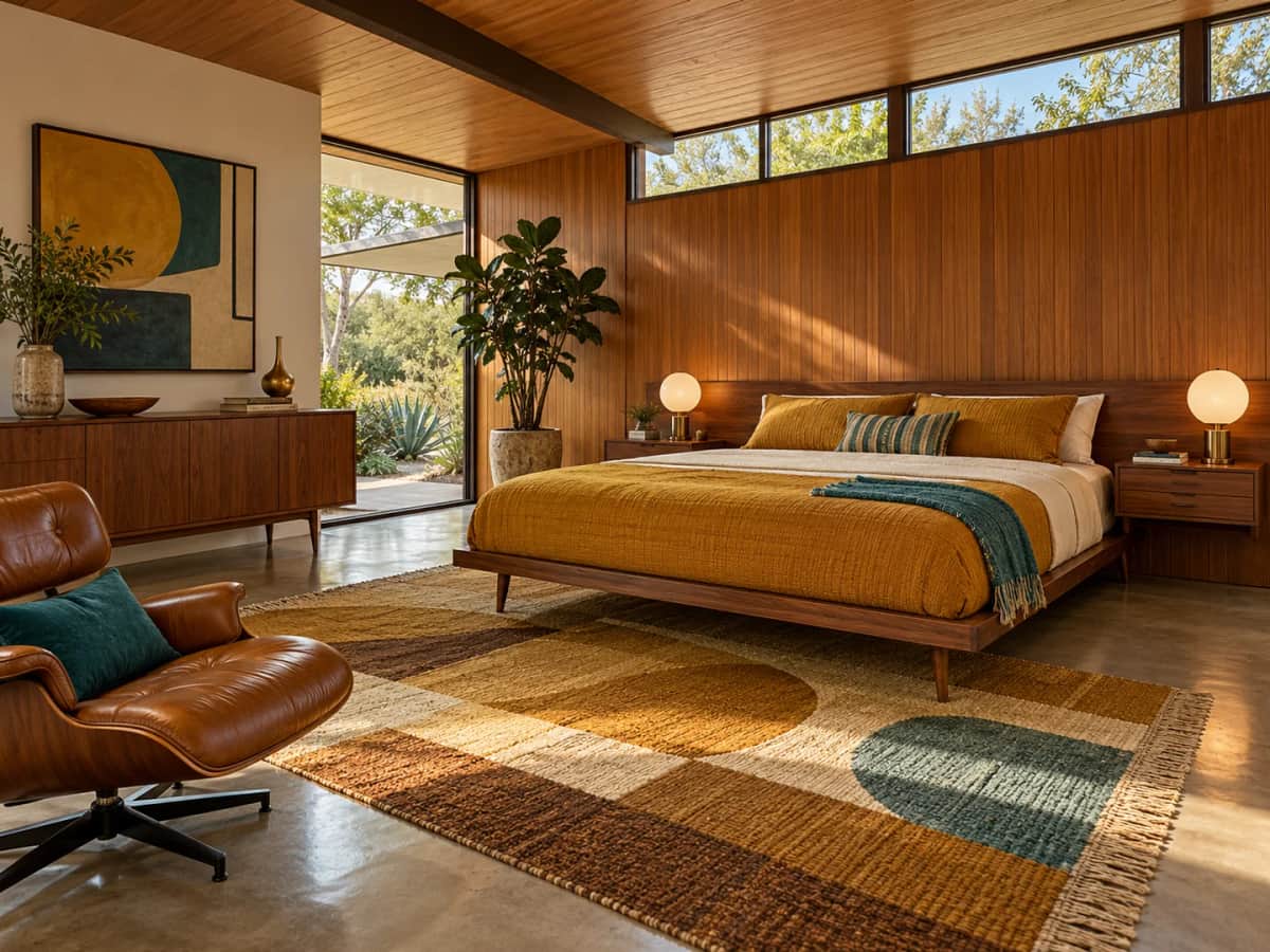 Design study. Mid-century bedroom with teak wall paneling, clerestory windows and integrated walnut furniture.