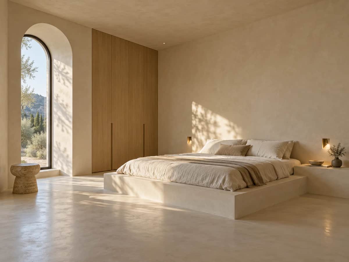 Design study. Minimalist bedroom with a monolithic bed plinth, lime-plaster walls and a recessed arched window.