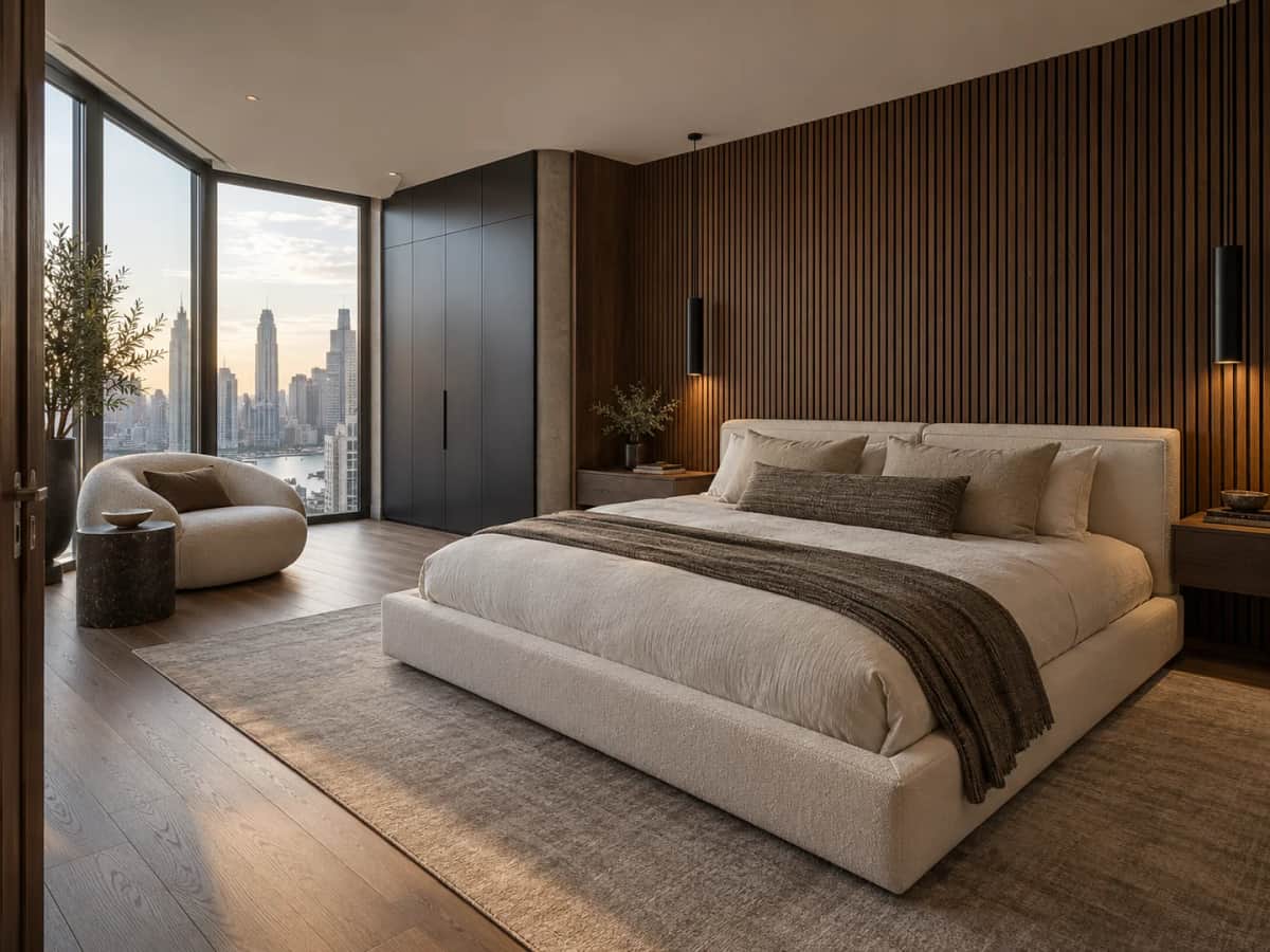 Example bedroom. Modern city bedroom with a walnut slat wall, floating bedside tables and corner glazing.