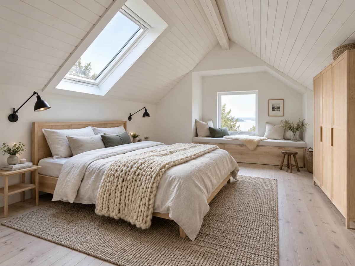 Example bedroom. Scandinavian attic bedroom with a skylight, white timber ceiling and light birch furniture.