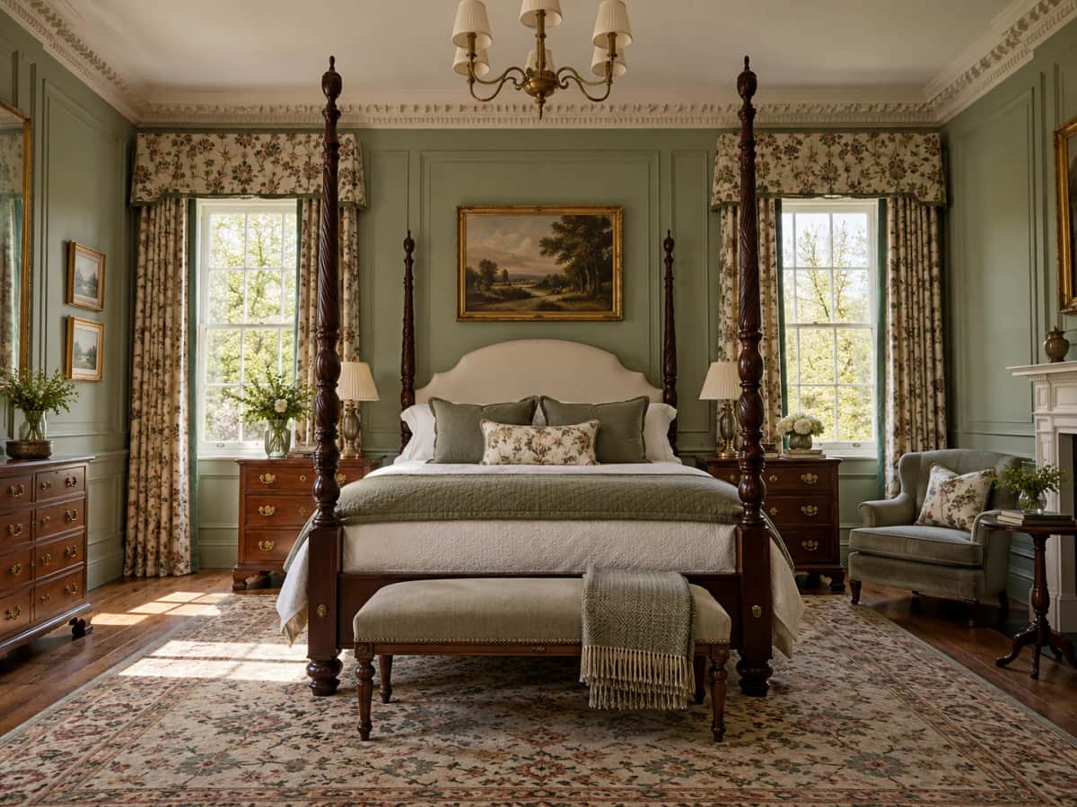 Design study. Traditional Georgian bedroom with sage wall paneling, a mahogany four-poster and symmetrical sash windows.