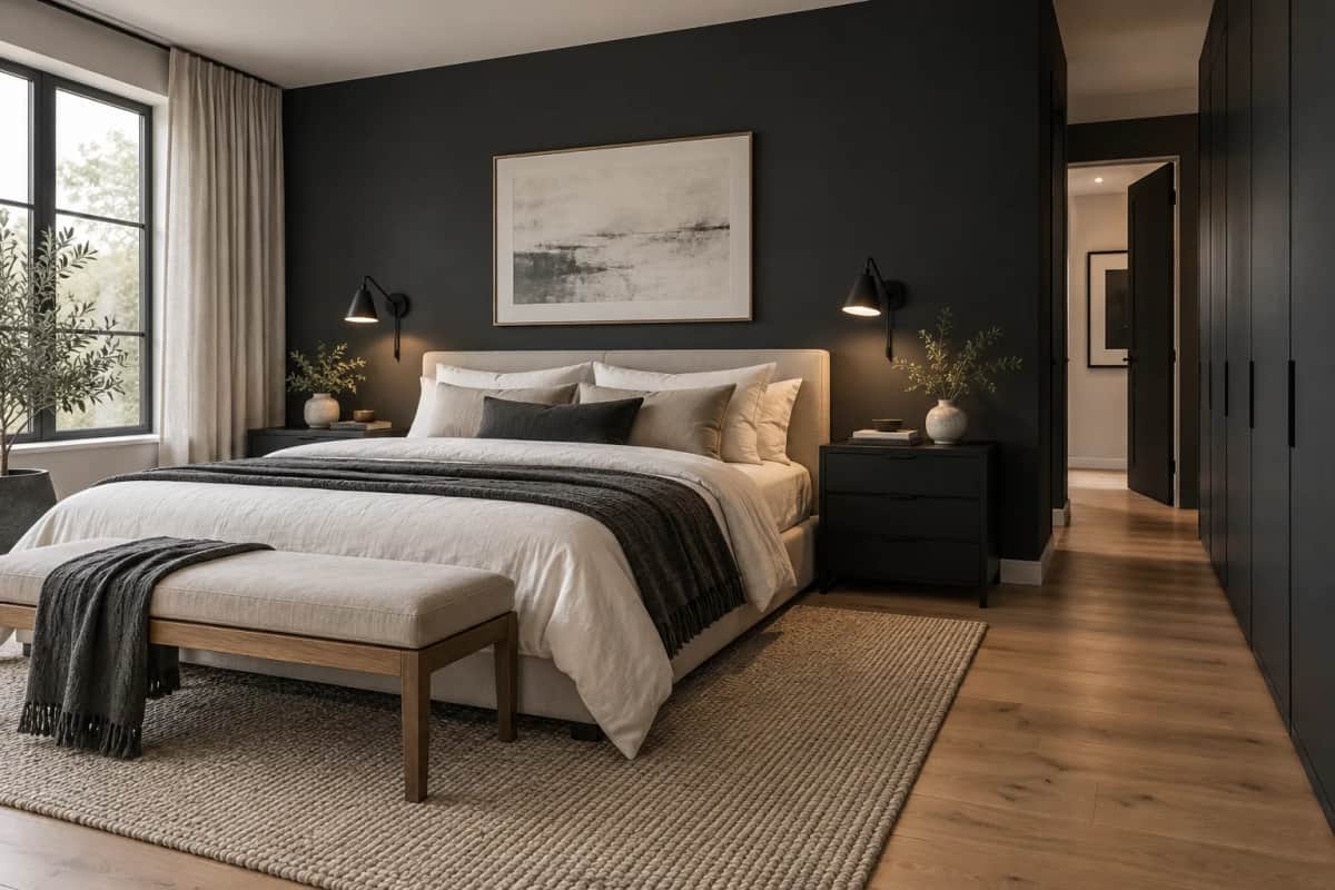 Illustrative bedroom with charcoal feature wall, white bedding and warm wood floor