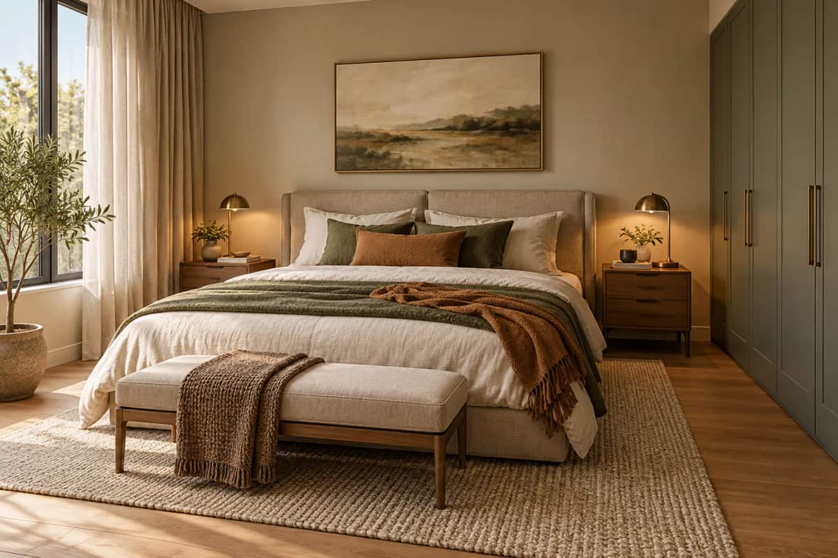 Illustrative shared bedroom with separate bedside drawers and reading lights
