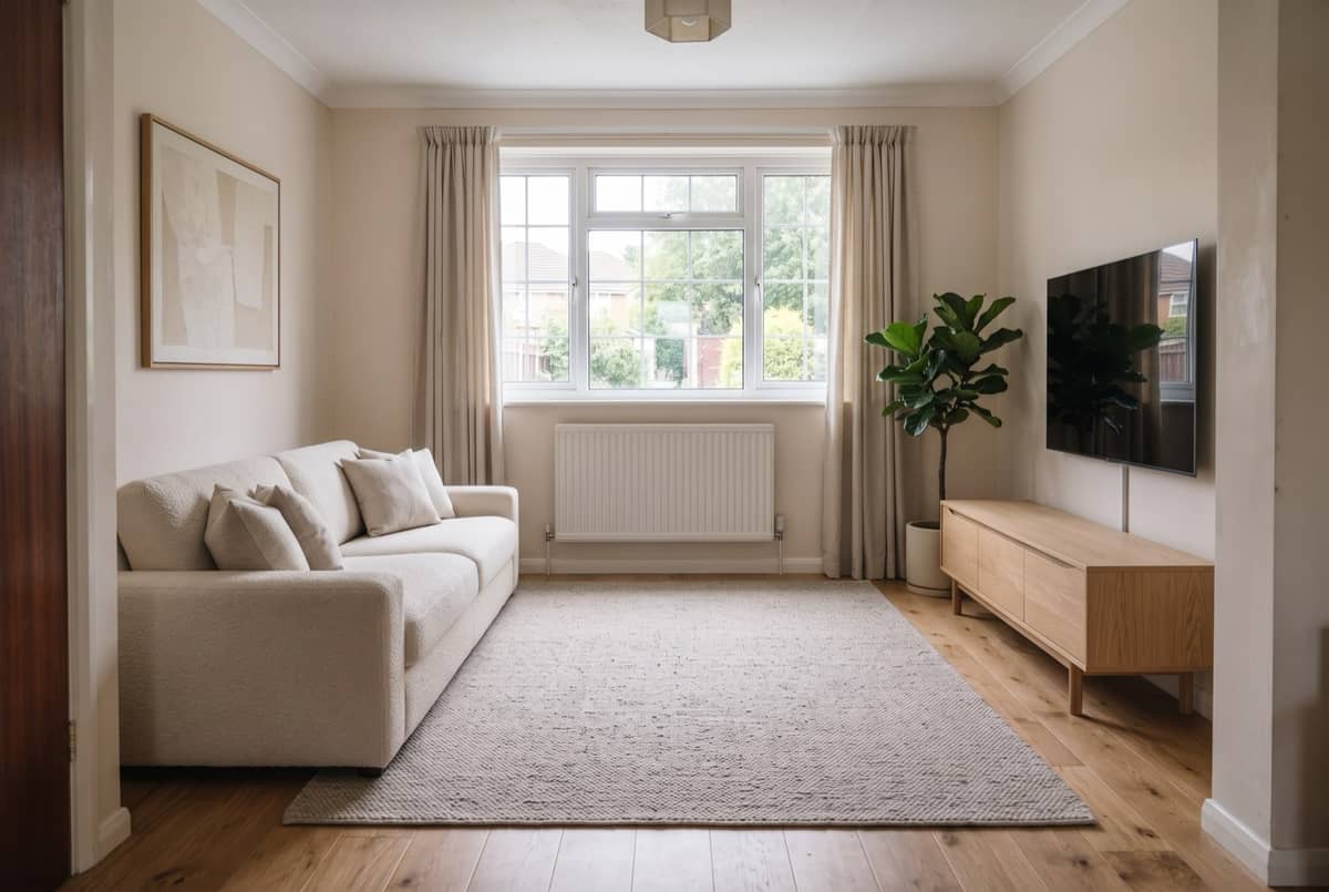 AI interior design result: a living room restyled from the visitor's own photo, with the window, radiator and ceiling height unchanged