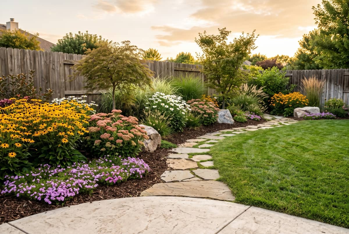 AI garden design result: a back yard replanted with perennials matched to its USDA hardiness zone and spaced for mature size