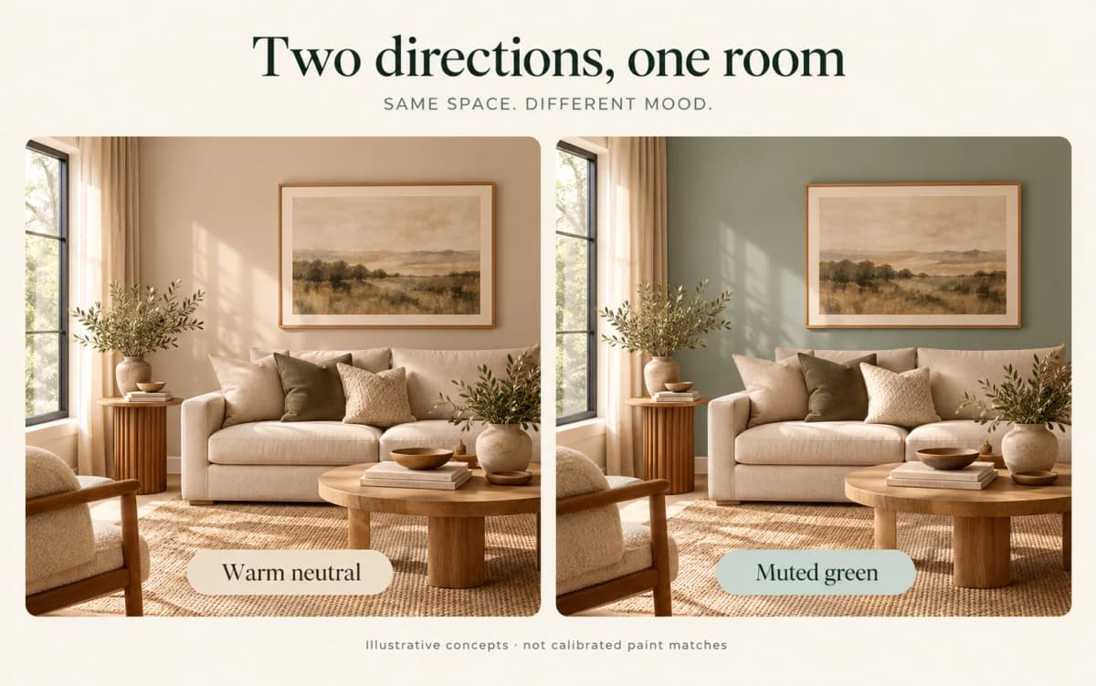 Illustrative matching living rooms with warm-neutral and muted-green wall-color directions