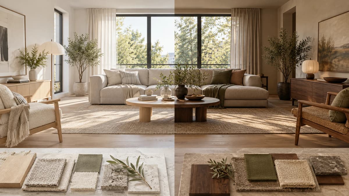 Editorial illustration comparing pale and dark wood style directions with fabric and material samples