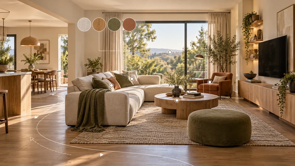 Editorial illustration of a living room with material swatches and decorative walkway annotations