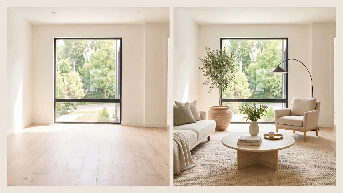 Illustrative original empty room and virtually staged room shown side by side