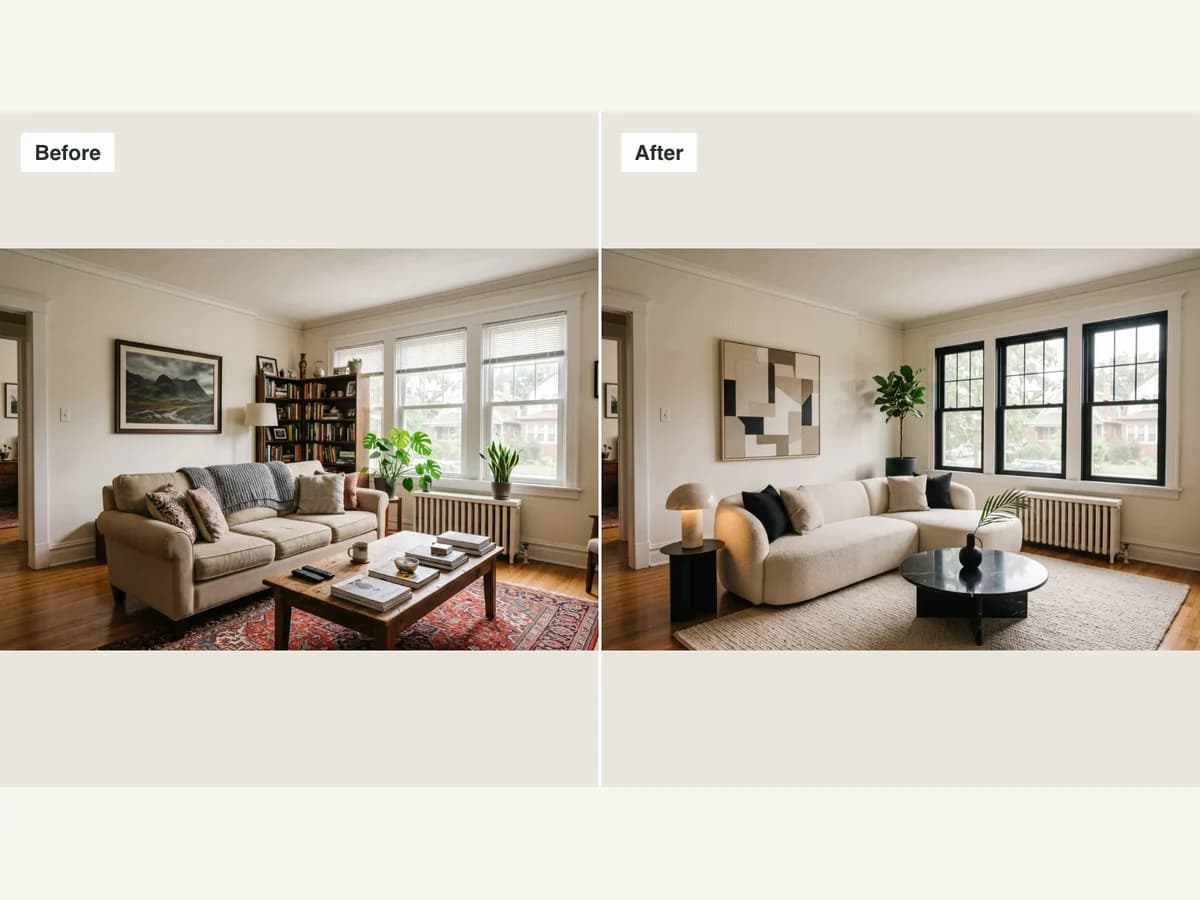 Actual side-by-side photo maker export with both complete room photos visible