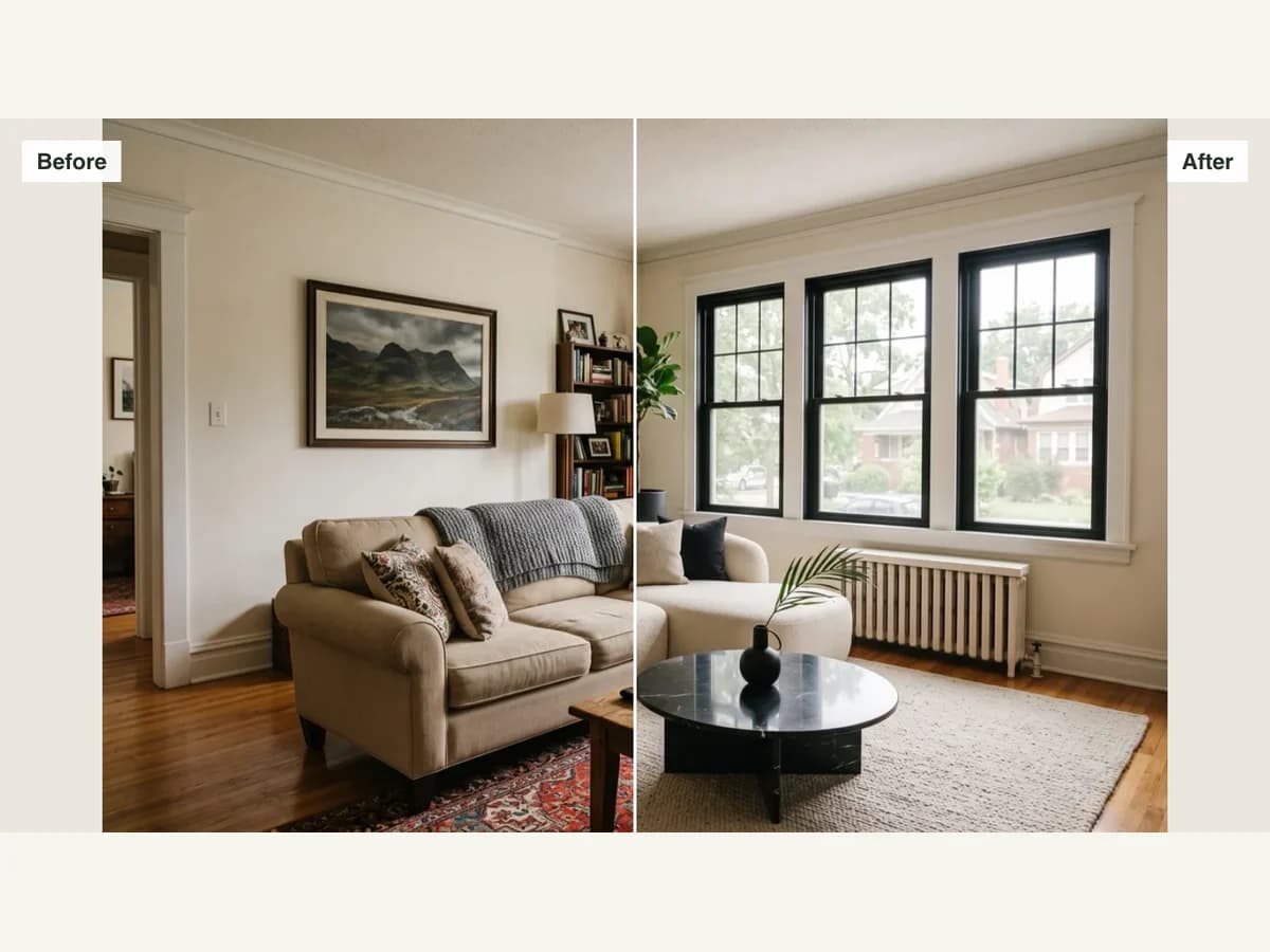Actual split photo maker export revealing the before room on the left and after room on the right