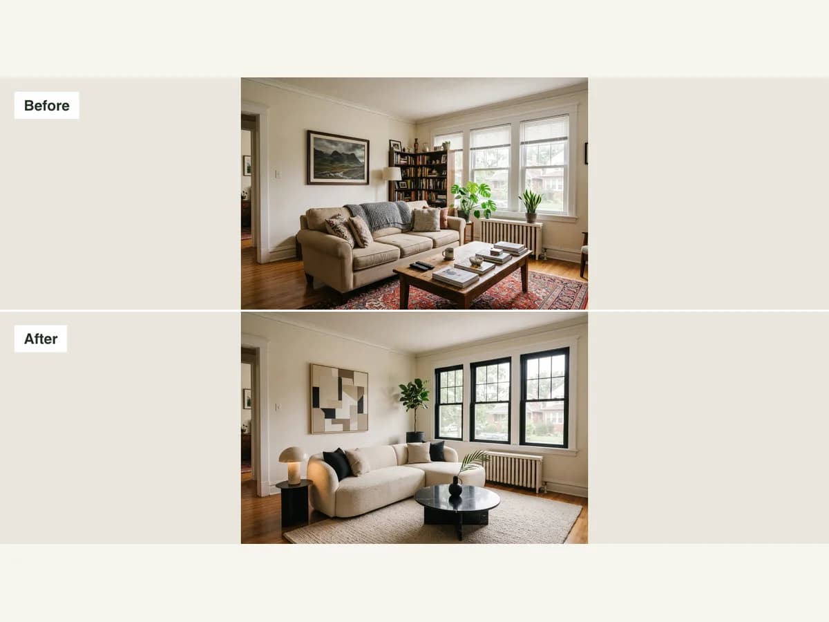 Actual stacked photo maker export preserving the sofa, coffee table and floor in both photos