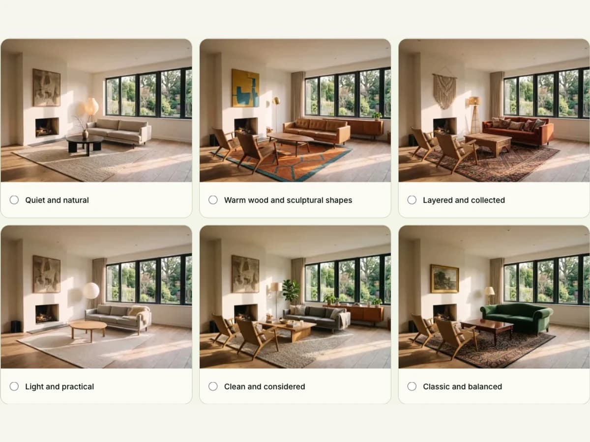 Six complete room-photo choices from the interior design style quiz