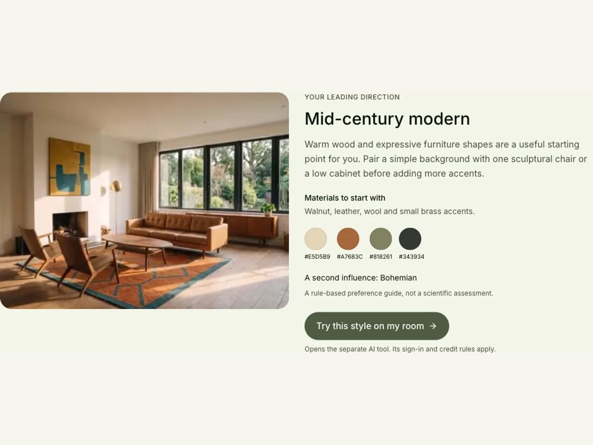 Actual mid-century quiz result with room photo, materials, palette and secondary influence