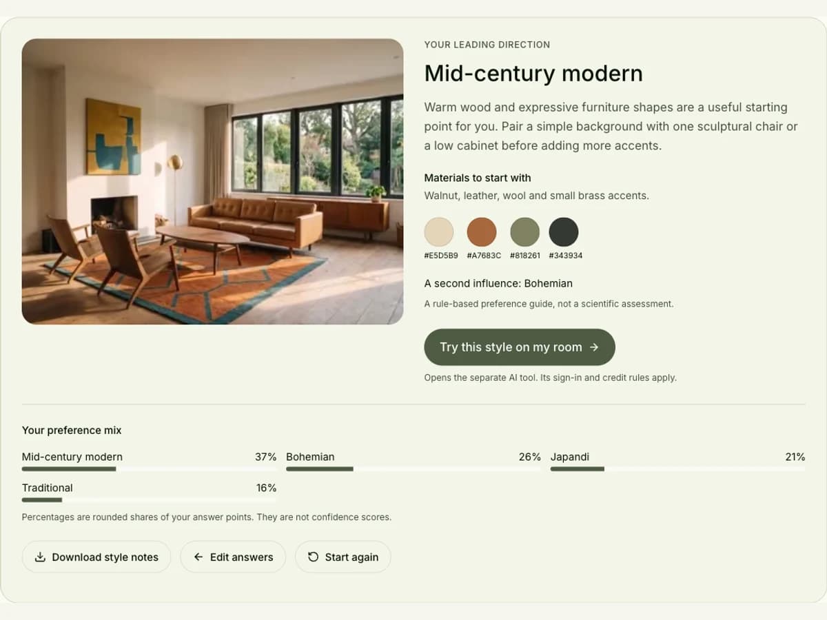 Complete quiz result showing mid-century and bohemian preference points, palette and style notes download