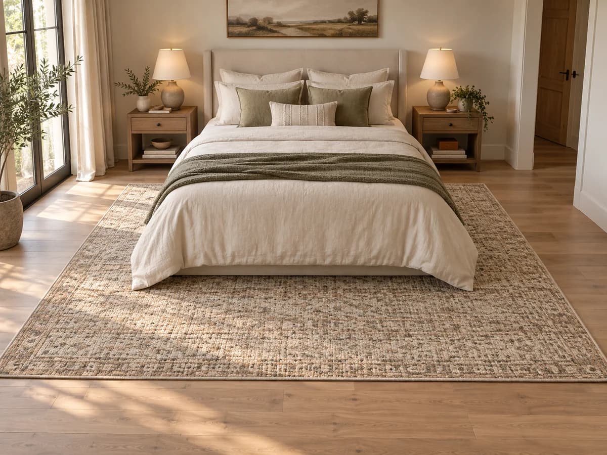 Illustrative bedroom showing the rug extending along both sides and the foot of the bed