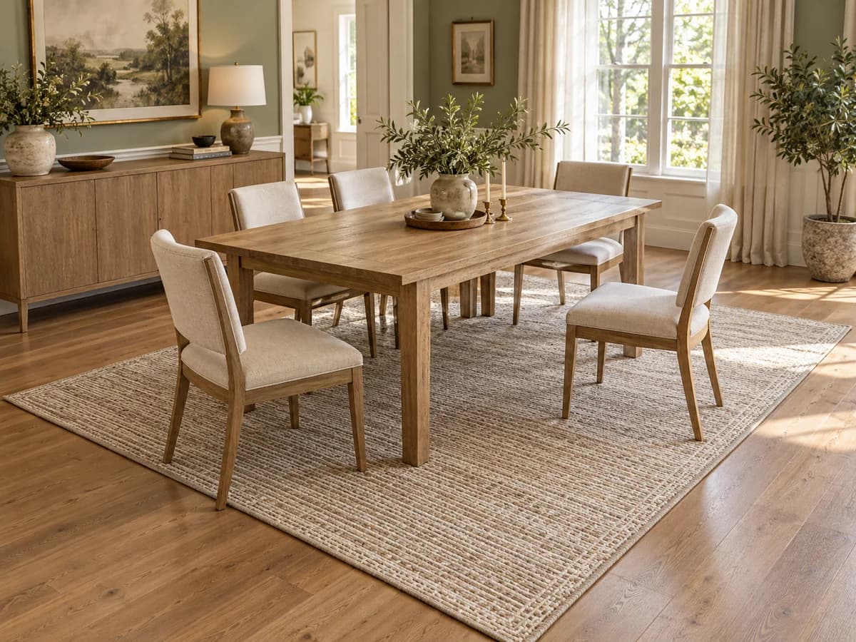 Illustrative dining room showing chair legs and the rug edge beyond the table