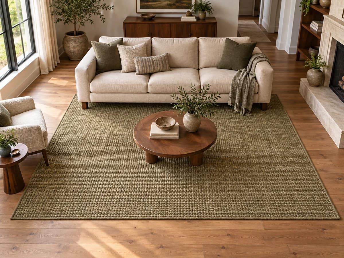 Illustrative living room with sofa front legs on a large rug and its floor border visible
