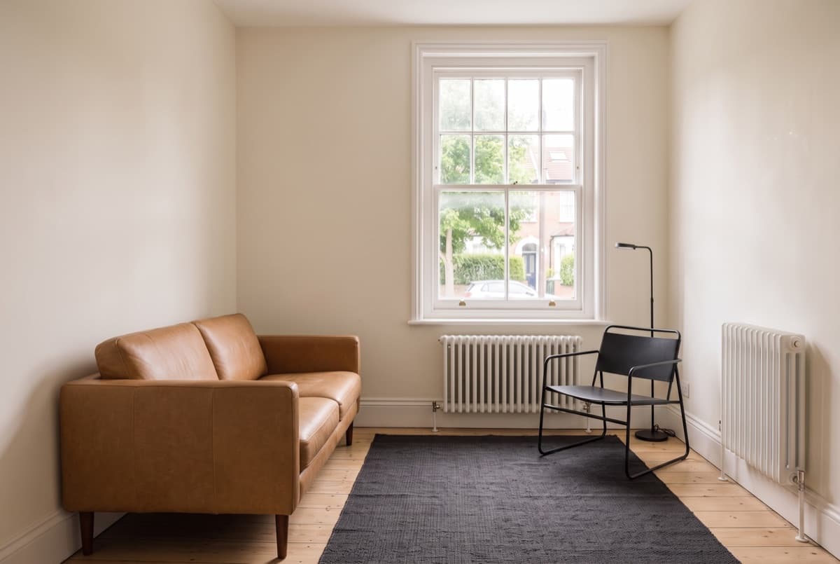 Diagram: the window, radiator and ceiling height drawn solid and marked kept, the sofa and rug drawn dashed and marked replaced