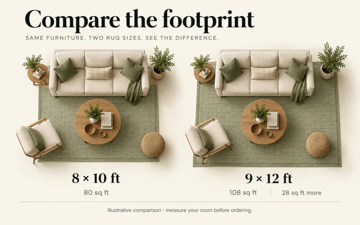 Illustrative living-room vignettes comparing 8 by 10 and 9 by 12 foot rug choices