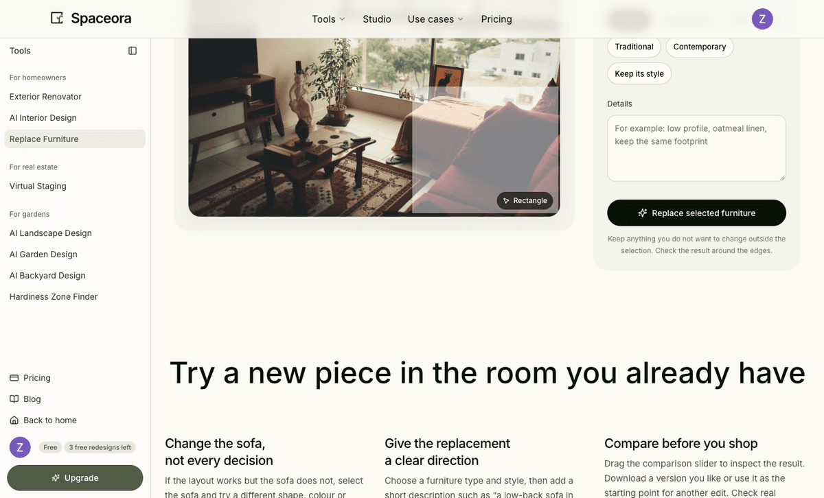 Manual furniture selection setup with the selected sofa area and replacement controls visible