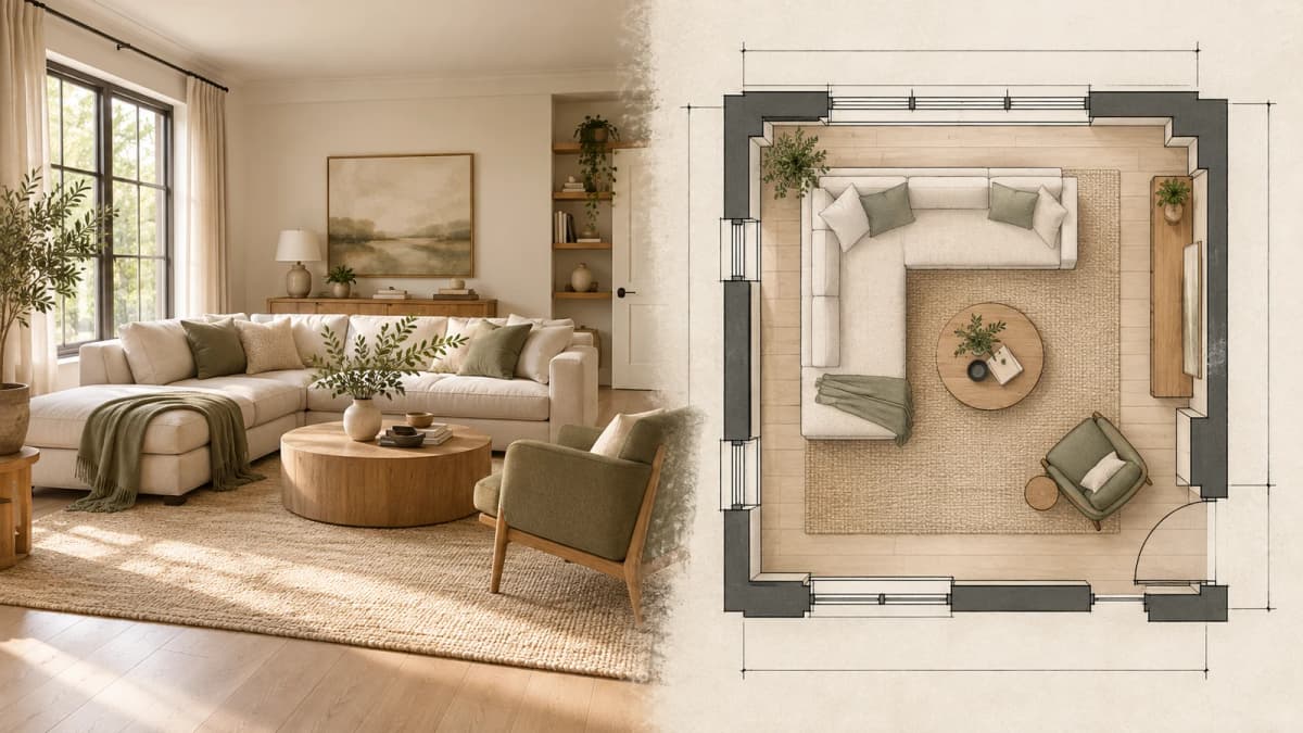 Editorial illustration of a room concept beside a decorative floor-plan drawing; dimensions are not verified