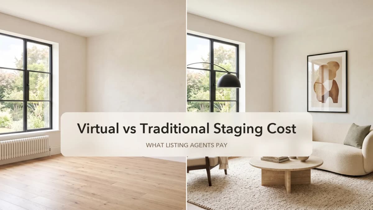 Illustration of an empty living room beside a furnished version, used to explain virtual staging rather than show a tested result
