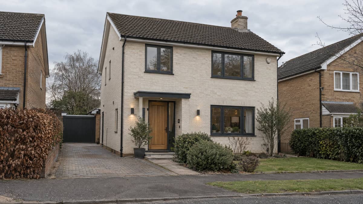 AI Exterior Renovator result: a detached house with pale facade brick, dark window frames, a timber front door and restrained foundation planting