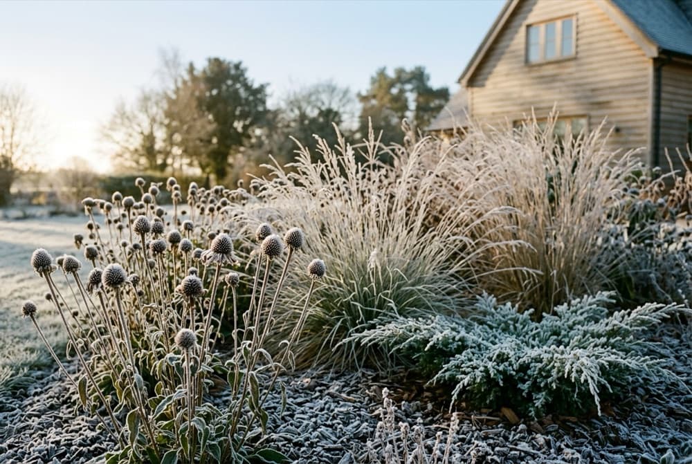 A perennial garden covered in frost on a clear winter morning