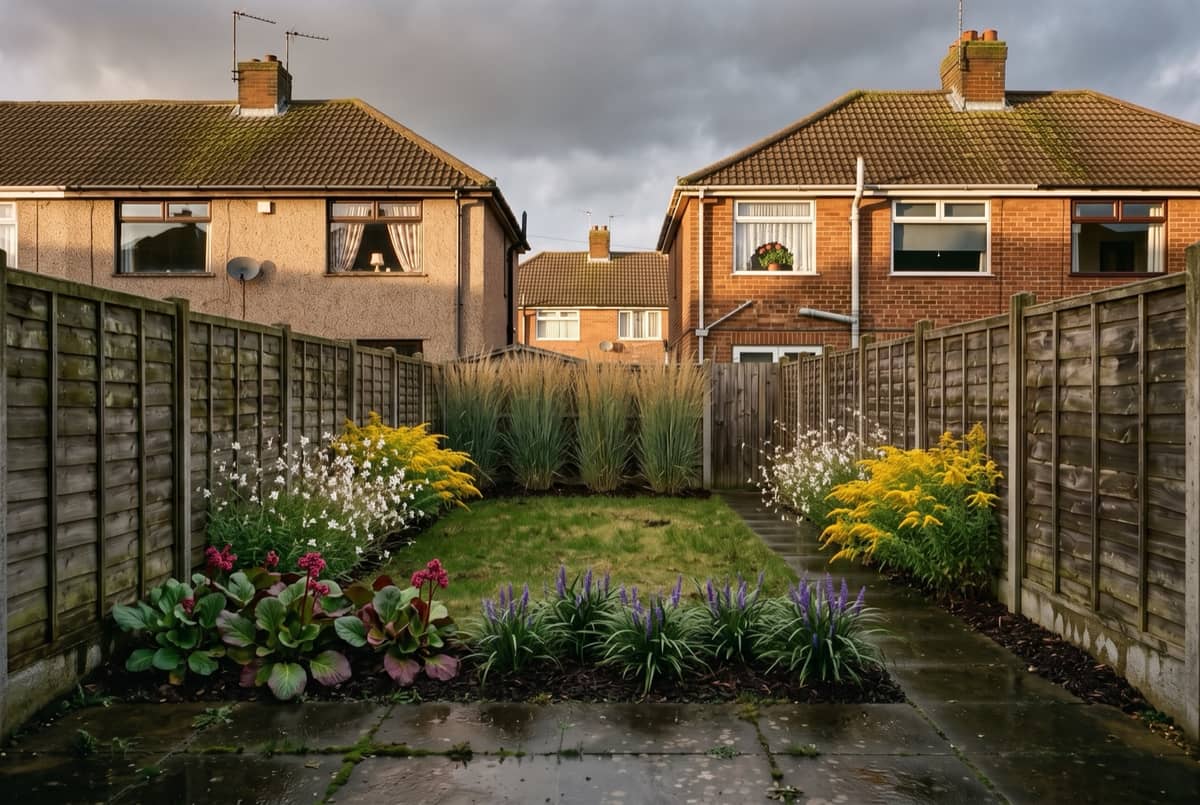 AI backyard design result: a bare rear lawn replanted, photographed from the patio outside the back door after a rain shower — planted borders down both sides and across the far end, ornamental grasses at the back, bergenia and liriope at the front, and the lawn left open in the middle