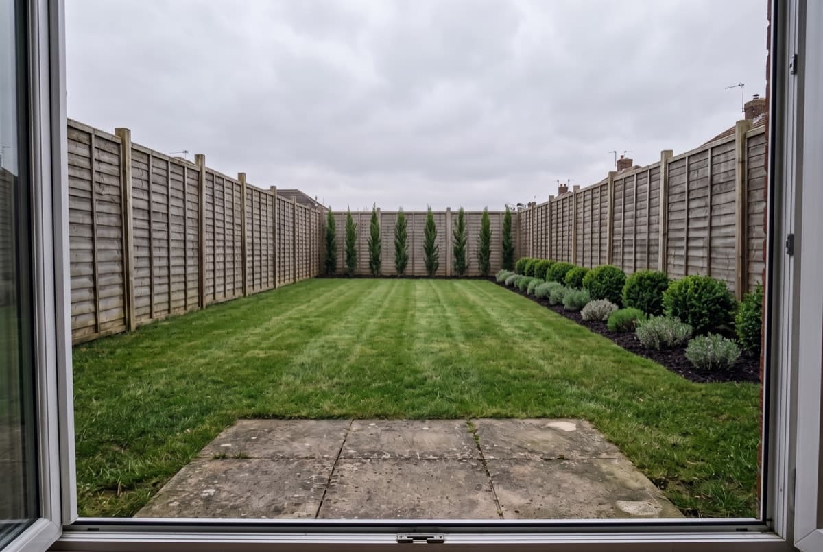 The same rear garden after redesign: patio, lawn and fences unchanged, with evergreen screening along the far boundary and a layered border down one side