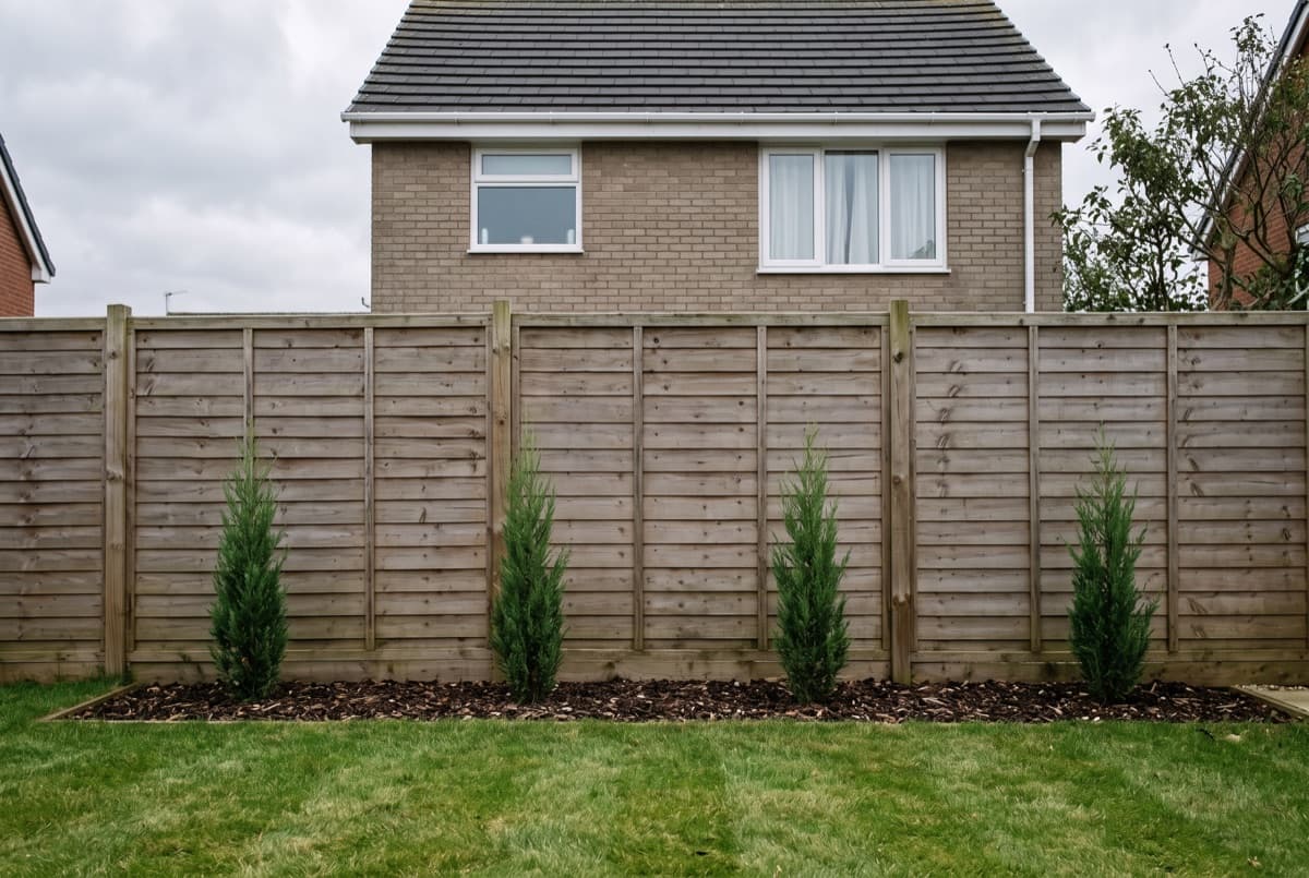 Young conifers newly planted along a boundary fence, with the neighbouring house still visible above it