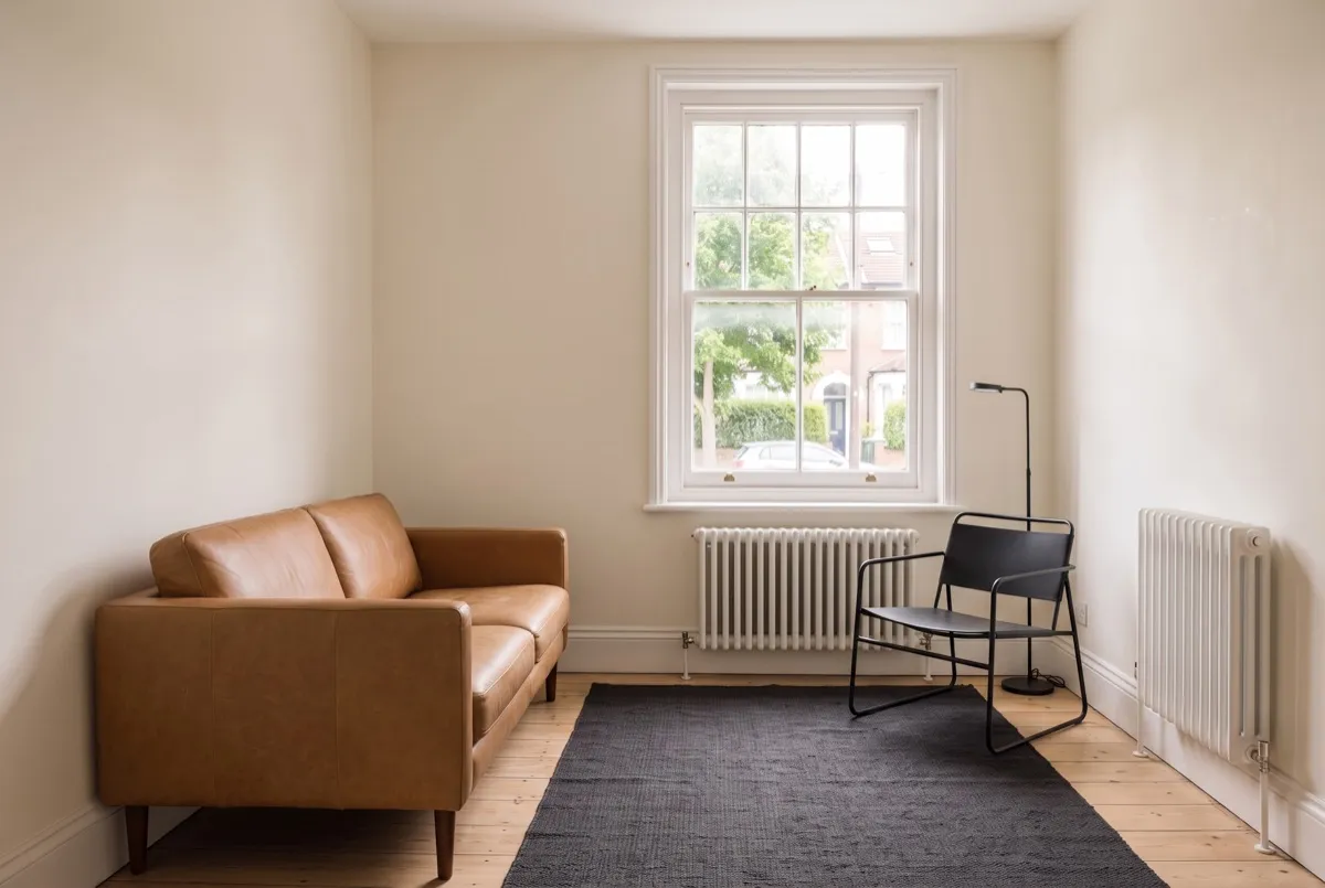 Diagram: the window, radiator and ceiling height drawn solid and marked kept, the sofa and rug drawn dashed and marked replaced