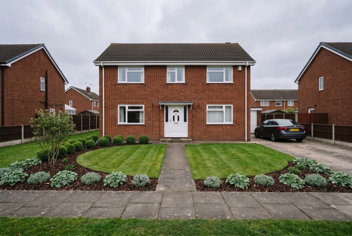 The same front garden after redesign: house, path and driveway unchanged, a curved bed line cut from the lawn and planted in three depths