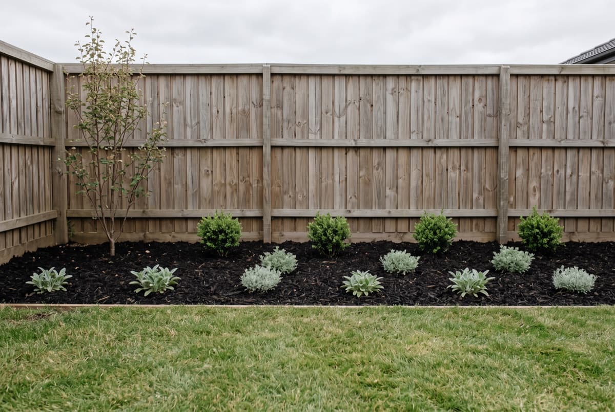 A newly planted border with wide gaps of bare mulch between young plants, spaced for the width they will reach rather than the pot they arrived in