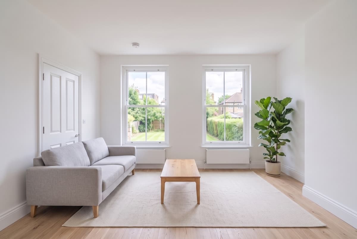 Diagram: a room outline with the window, doorway and ceiling line marked unchanged, and only a furniture block added