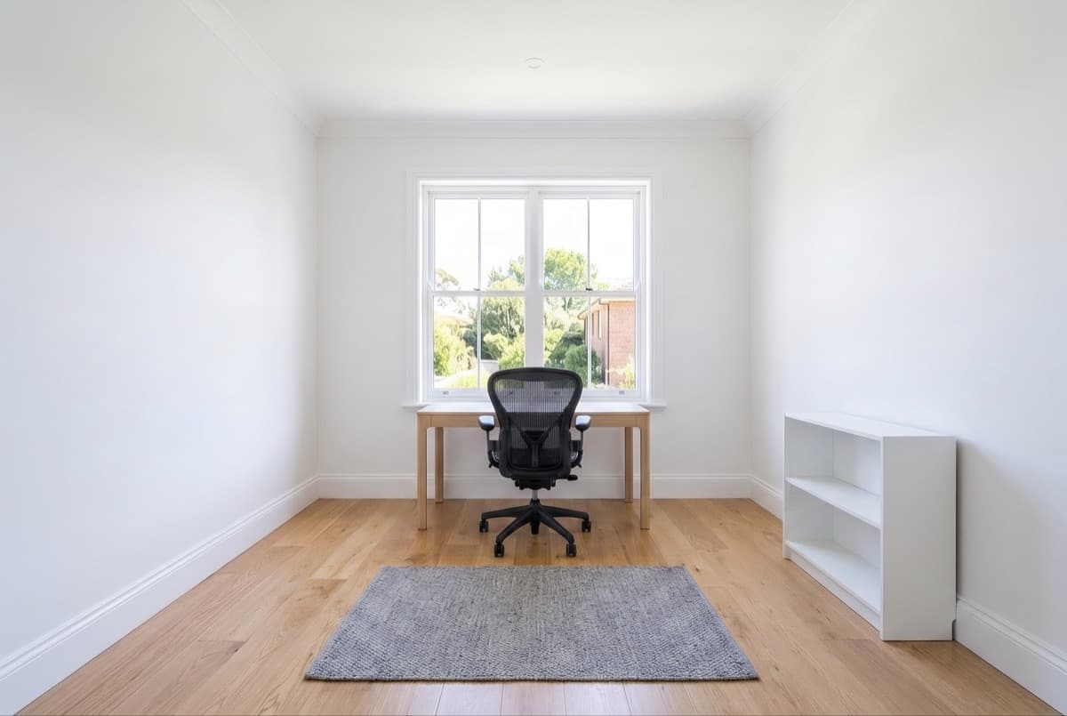 Diagram: the same vacant room shown twice, staged as a living room and as a home office, 10 credits each