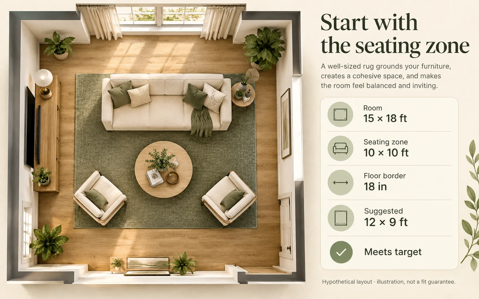 Hypothetical living-room illustration with the recorded 15 by 18 foot room inputs and 12 by 9 foot suggestion