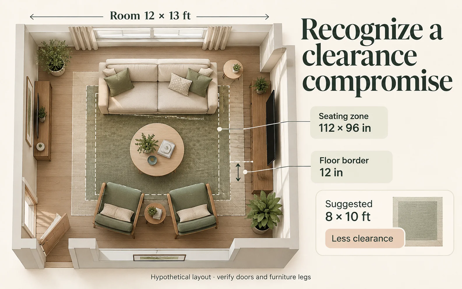 Hypothetical living-room illustration explaining the 8 by 10 foot less-clearance suggestion