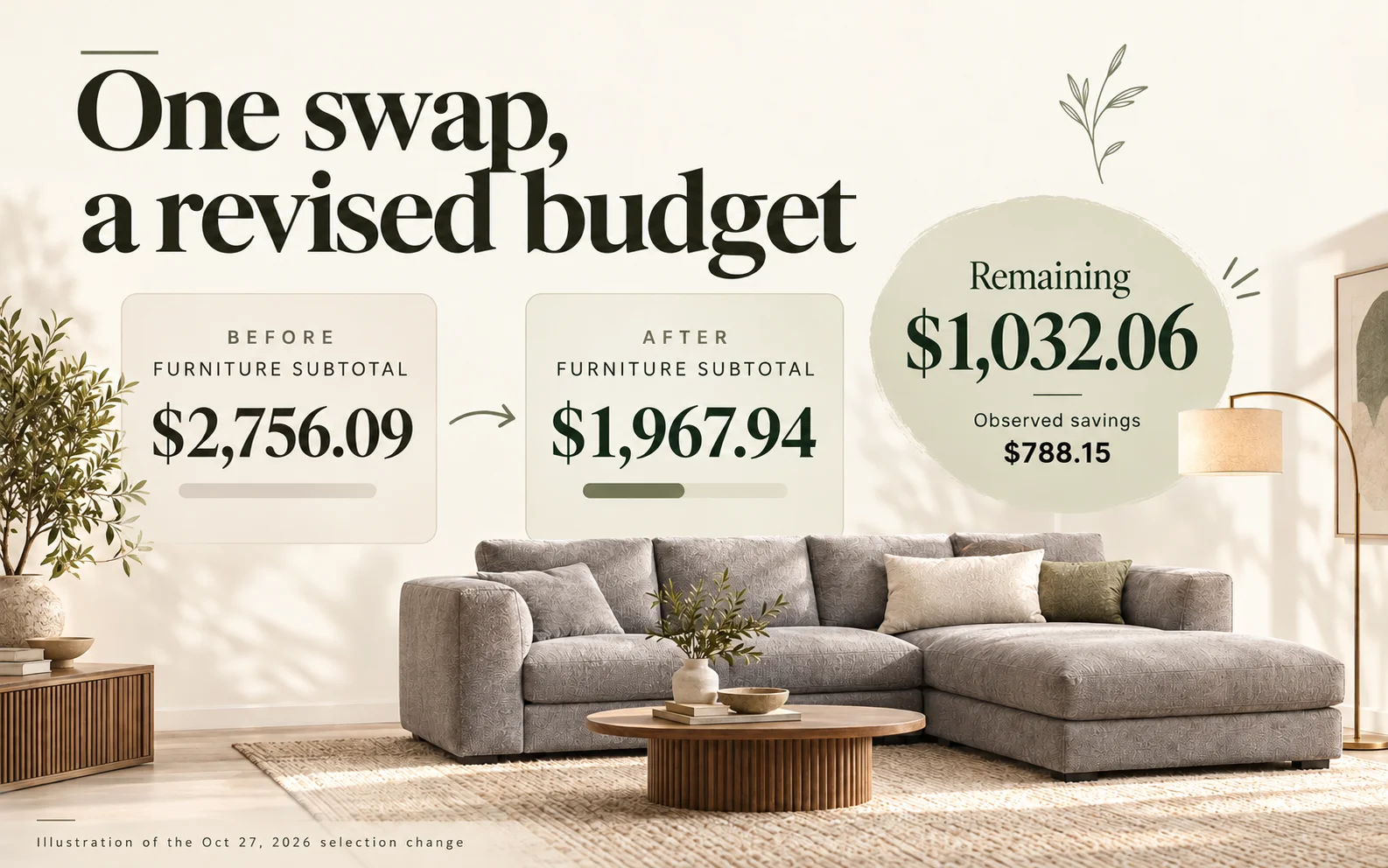 Illustrative budget comparison showing furniture subtotals of $2,756.09 and $1,967.94
