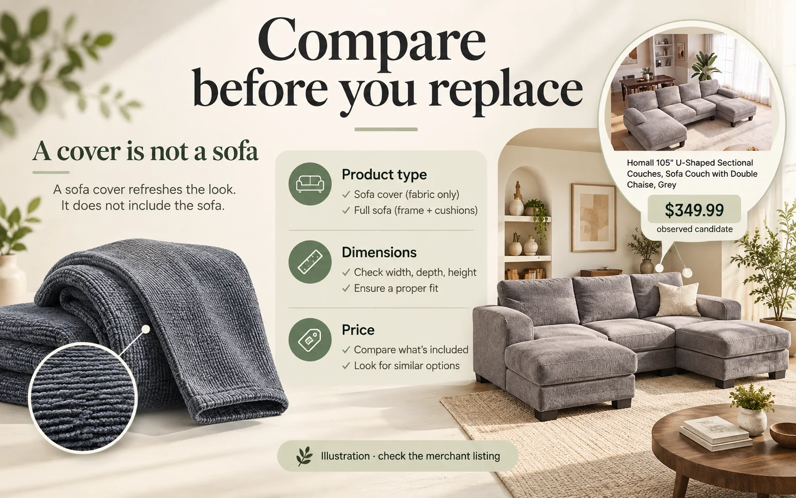 Illustrative guide to comparing product type, dimensions and the $349.99 observed sofa candidate