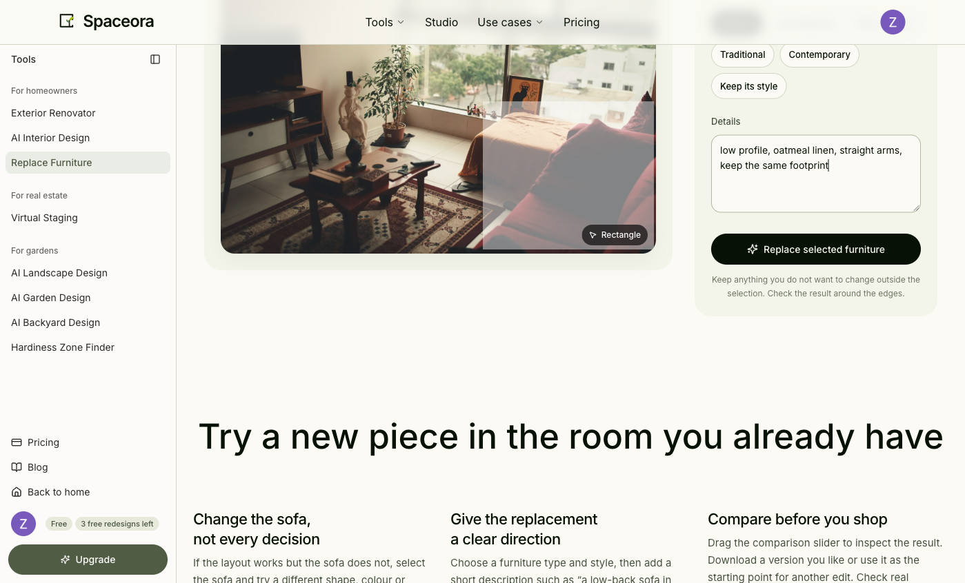 Furniture type, style direction, and detail controls in the tested workflow