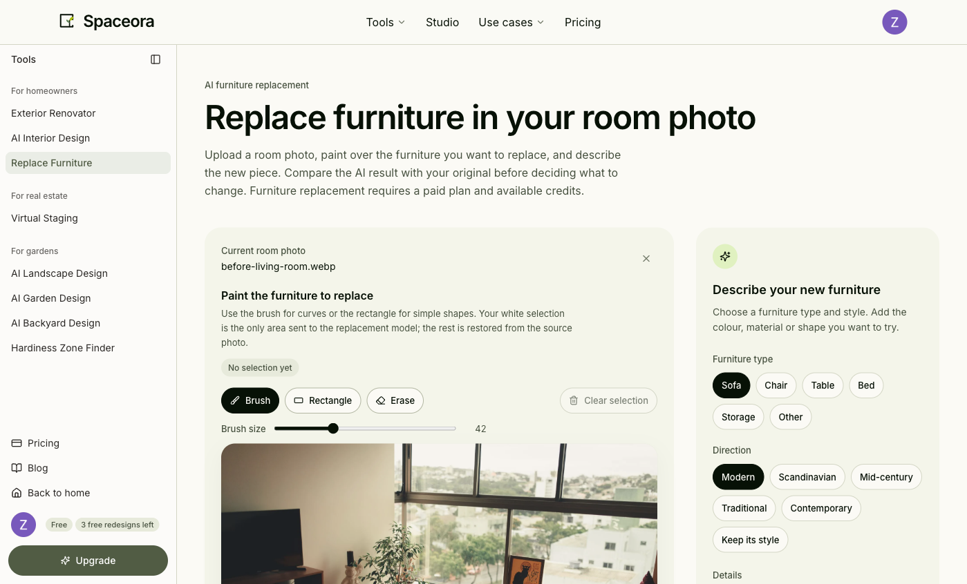 The authorized room photo loaded in Spaceora's furniture replacement tool