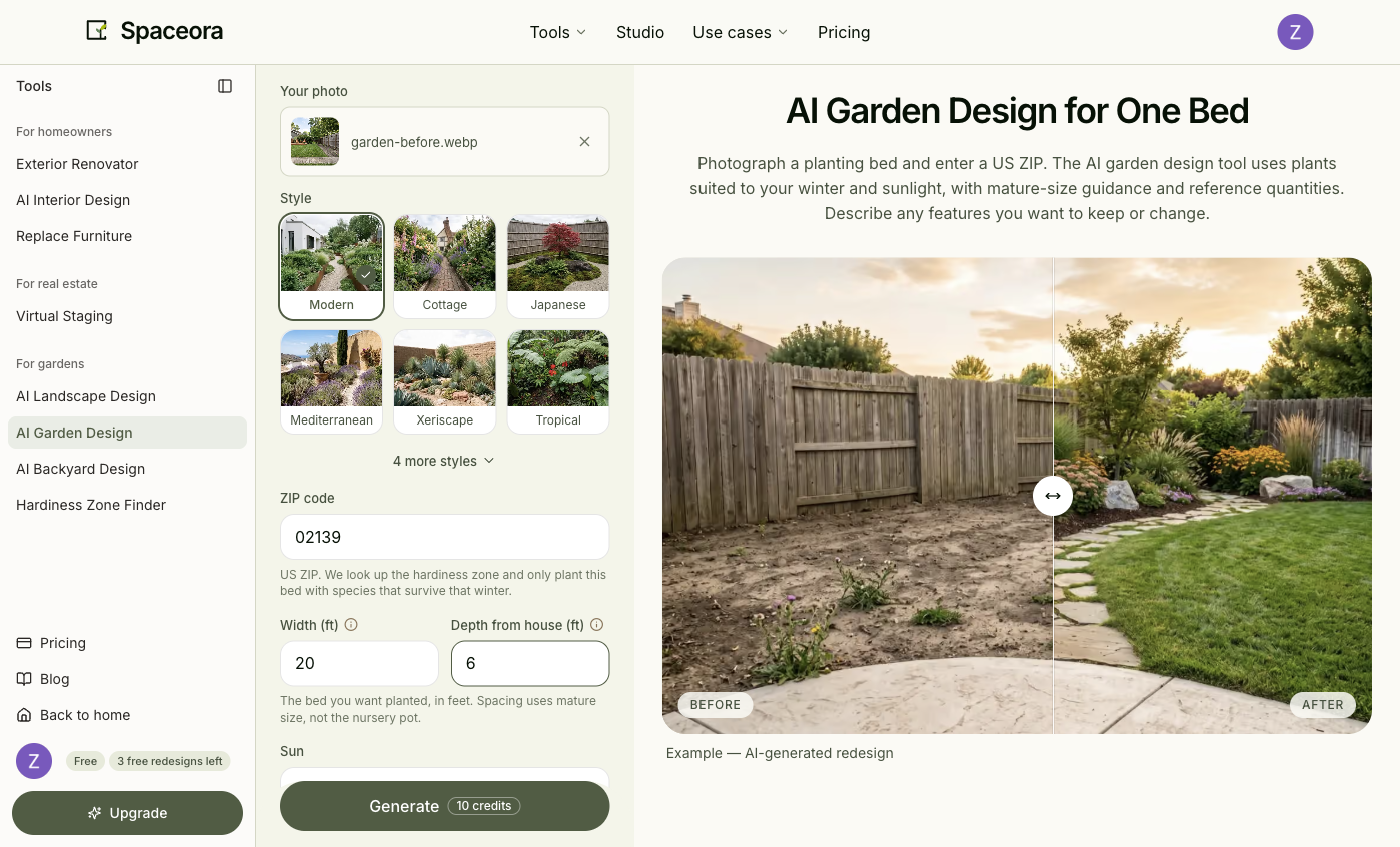 Current Spaceora garden upload and settings interface